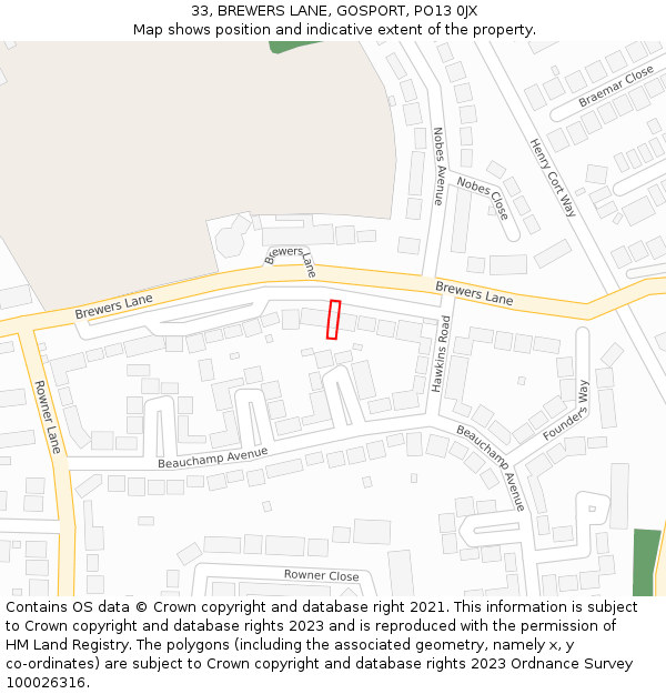 33, BREWERS LANE, GOSPORT, PO13 0JX: Location map and indicative extent of plot