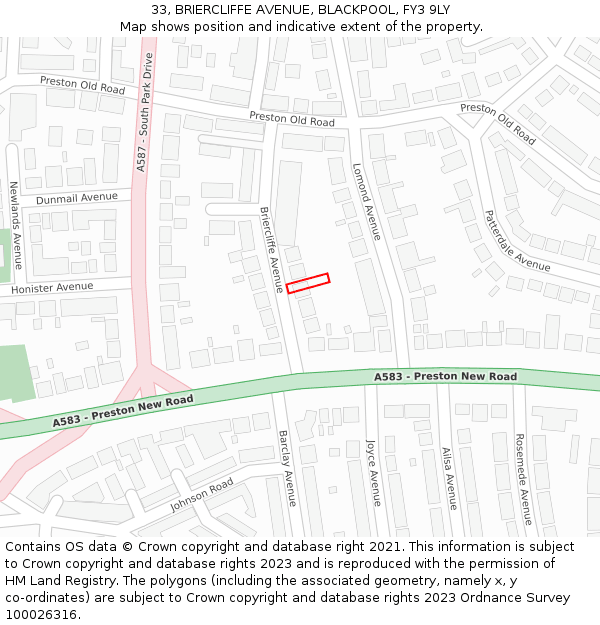 33, BRIERCLIFFE AVENUE, BLACKPOOL, FY3 9LY: Location map and indicative extent of plot