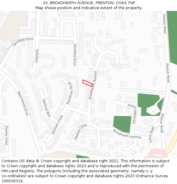 33, BROADHEATH AVENUE, PRENTON, CH43 7NP: Location map and indicative extent of plot