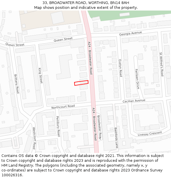 33, BROADWATER ROAD, WORTHING, BN14 8AH: Location map and indicative extent of plot