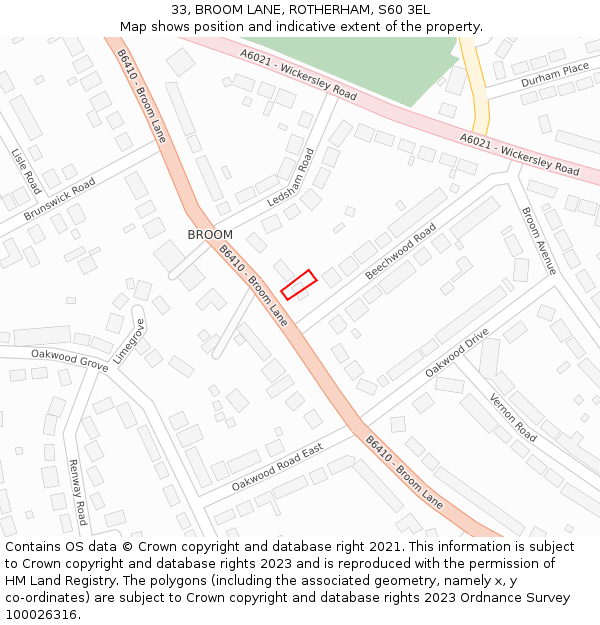 33, BROOM LANE, ROTHERHAM, S60 3EL: Location map and indicative extent of plot