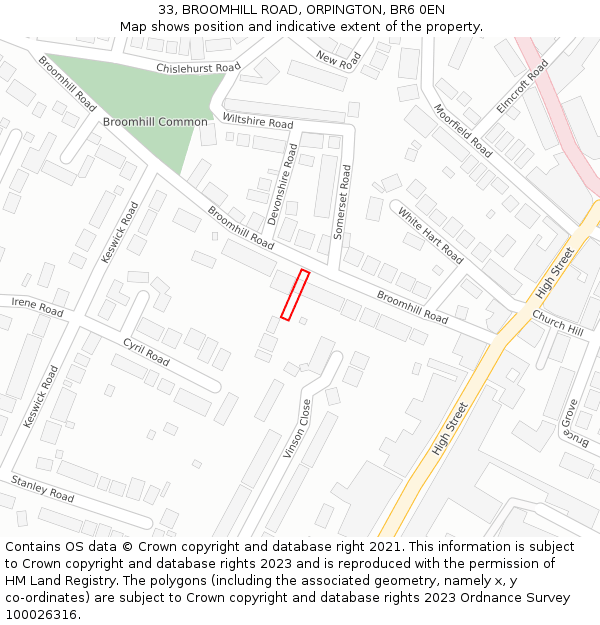 33, BROOMHILL ROAD, ORPINGTON, BR6 0EN: Location map and indicative extent of plot