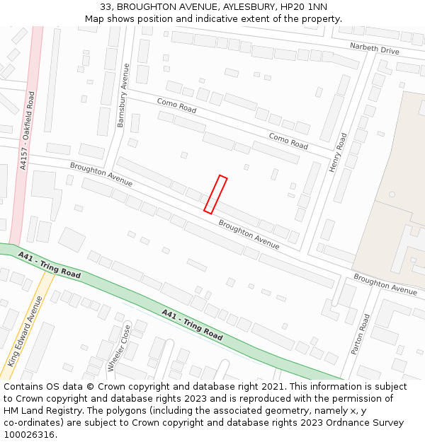 33, BROUGHTON AVENUE, AYLESBURY, HP20 1NN: Location map and indicative extent of plot