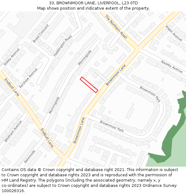 33, BROWNMOOR LANE, LIVERPOOL, L23 0TD: Location map and indicative extent of plot