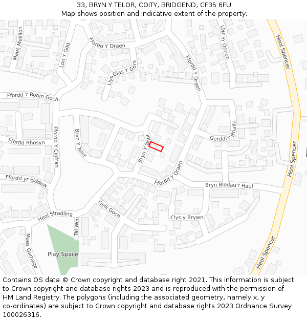 33, BRYN Y TELOR, COITY, BRIDGEND, CF35 6FU: Location map and indicative extent of plot