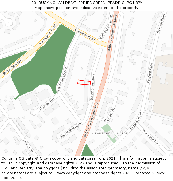 33, BUCKINGHAM DRIVE, EMMER GREEN, READING, RG4 8RY: Location map and indicative extent of plot