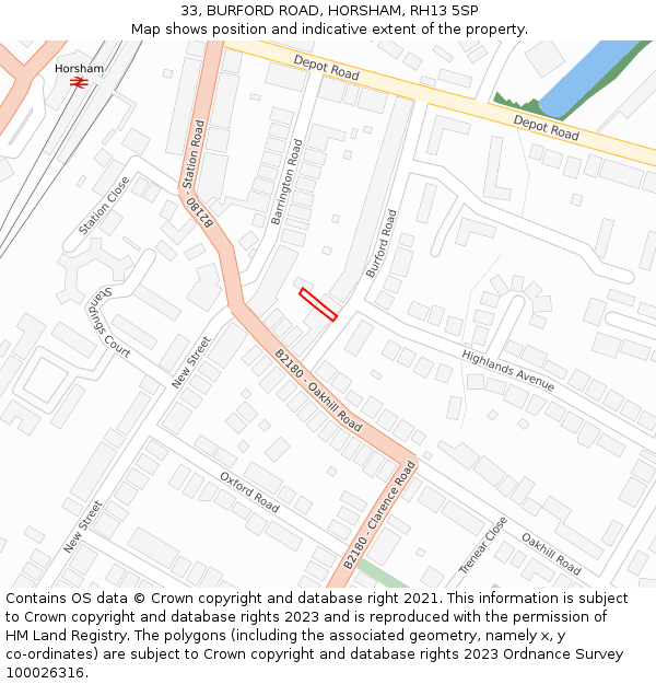 33, BURFORD ROAD, HORSHAM, RH13 5SP: Location map and indicative extent of plot