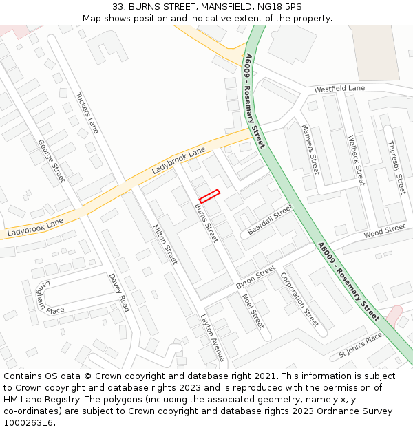 33, BURNS STREET, MANSFIELD, NG18 5PS: Location map and indicative extent of plot