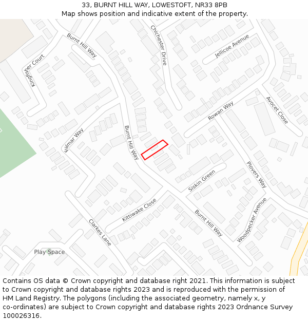 33, BURNT HILL WAY, LOWESTOFT, NR33 8PB: Location map and indicative extent of plot