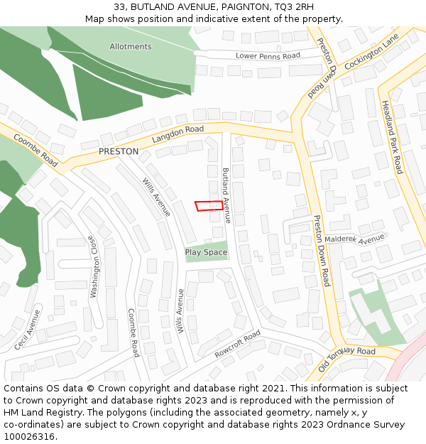 33, BUTLAND AVENUE, PAIGNTON, TQ3 2RH: Location map and indicative extent of plot