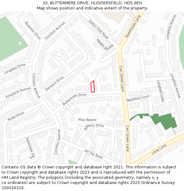 33, BUTTERMERE DRIVE, HUDDERSFIELD, HD5 9EN: Location map and indicative extent of plot