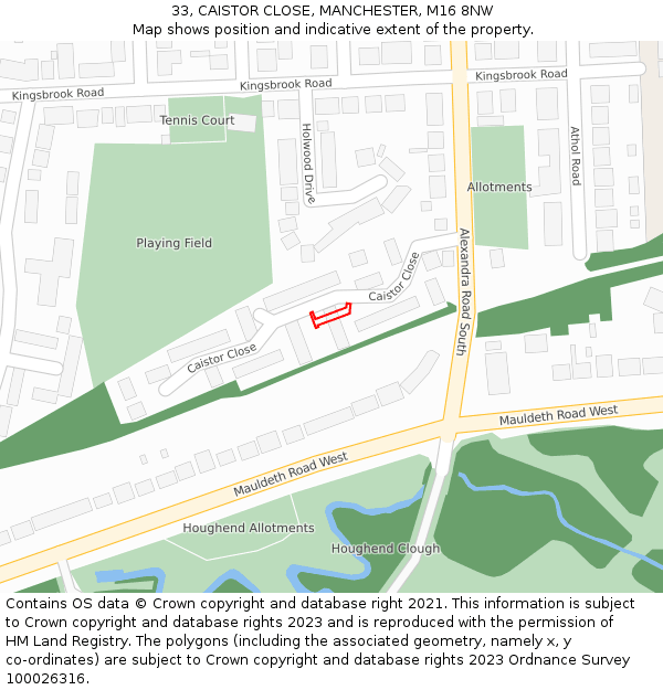 33, CAISTOR CLOSE, MANCHESTER, M16 8NW: Location map and indicative extent of plot