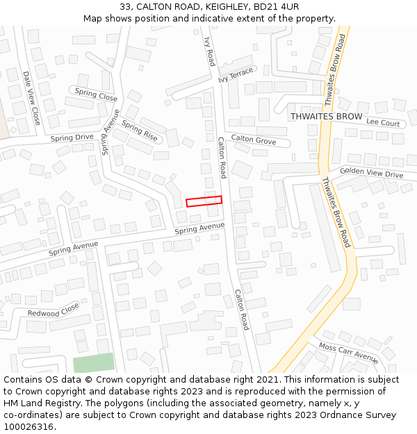 33, CALTON ROAD, KEIGHLEY, BD21 4UR: Location map and indicative extent of plot