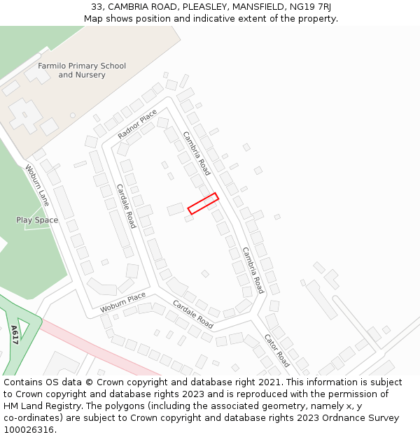 33, CAMBRIA ROAD, PLEASLEY, MANSFIELD, NG19 7RJ: Location map and indicative extent of plot