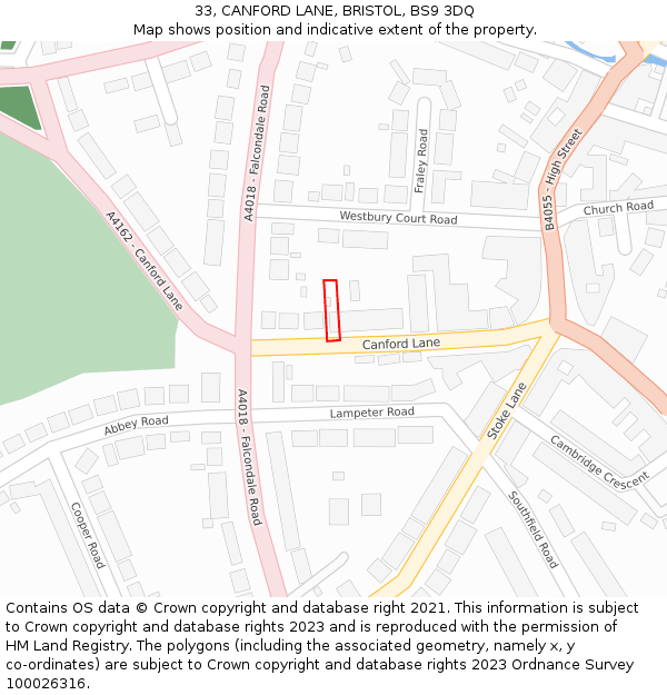 33, CANFORD LANE, BRISTOL, BS9 3DQ: Location map and indicative extent of plot