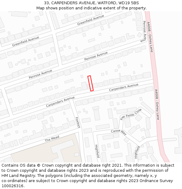 33, CARPENDERS AVENUE, WATFORD, WD19 5BS: Location map and indicative extent of plot