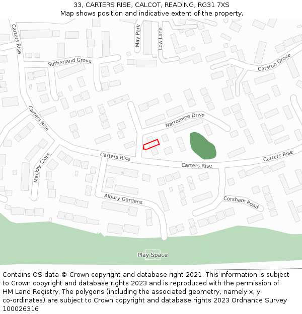 33, CARTERS RISE, CALCOT, READING, RG31 7XS: Location map and indicative extent of plot