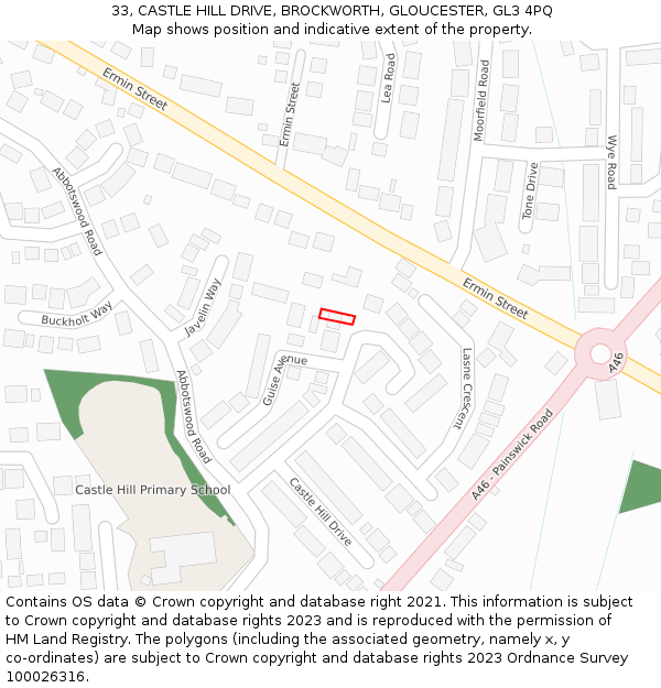 33, CASTLE HILL DRIVE, BROCKWORTH, GLOUCESTER, GL3 4PQ: Location map and indicative extent of plot