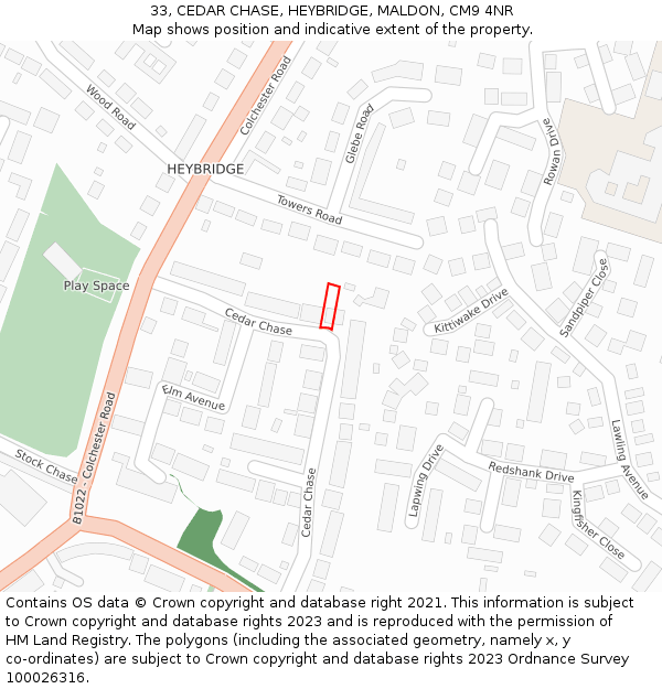 33, CEDAR CHASE, HEYBRIDGE, MALDON, CM9 4NR: Location map and indicative extent of plot