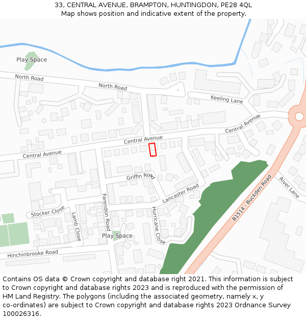 33, CENTRAL AVENUE, BRAMPTON, HUNTINGDON, PE28 4QL: Location map and indicative extent of plot