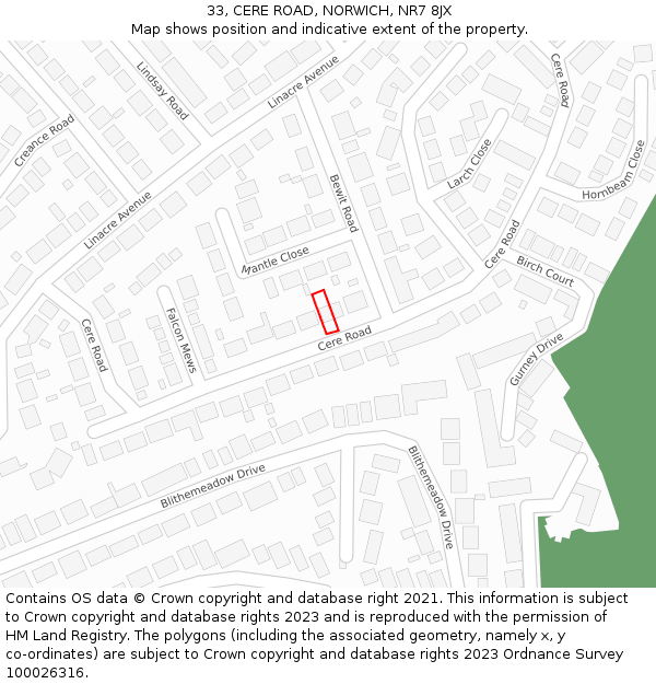 33, CERE ROAD, NORWICH, NR7 8JX: Location map and indicative extent of plot
