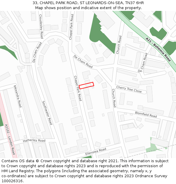 33, CHAPEL PARK ROAD, ST LEONARDS-ON-SEA, TN37 6HR: Location map and indicative extent of plot