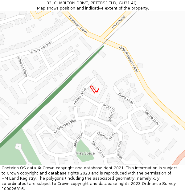 33, CHARLTON DRIVE, PETERSFIELD, GU31 4QL: Location map and indicative extent of plot