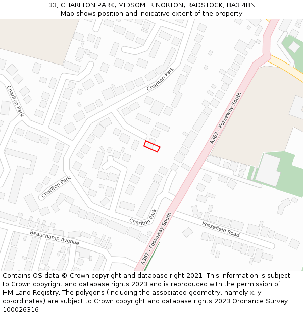 33, CHARLTON PARK, MIDSOMER NORTON, RADSTOCK, BA3 4BN: Location map and indicative extent of plot