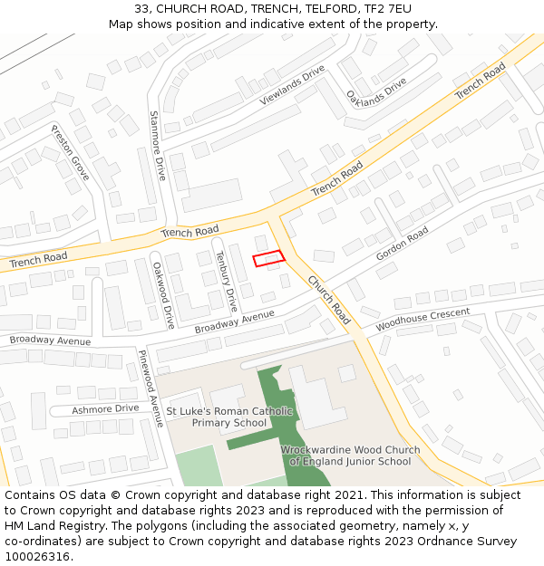 33, CHURCH ROAD, TRENCH, TELFORD, TF2 7EU: Location map and indicative extent of plot