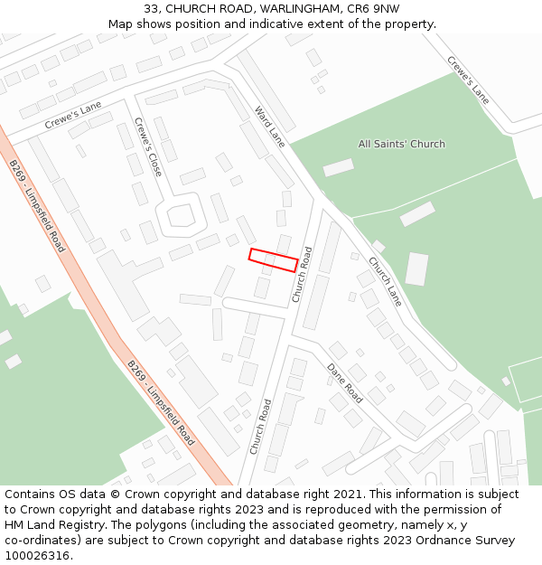 33, CHURCH ROAD, WARLINGHAM, CR6 9NW: Location map and indicative extent of plot