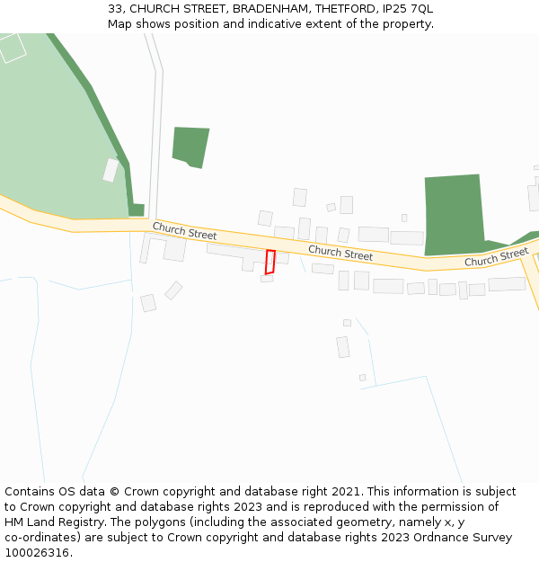 33, CHURCH STREET, BRADENHAM, THETFORD, IP25 7QL: Location map and indicative extent of plot