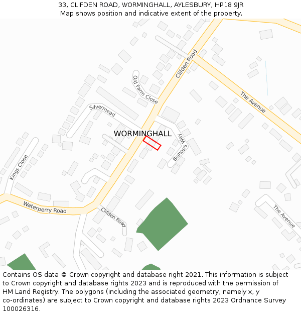 33, CLIFDEN ROAD, WORMINGHALL, AYLESBURY, HP18 9JR: Location map and indicative extent of plot