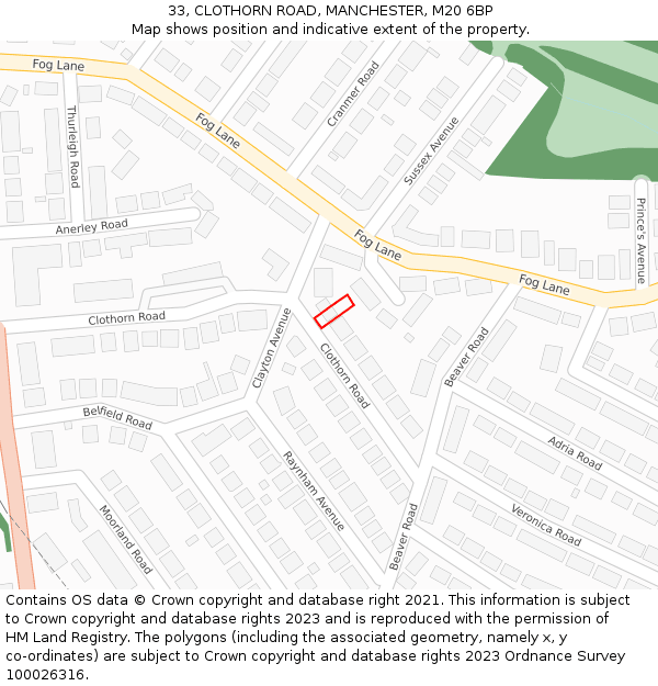 33, CLOTHORN ROAD, MANCHESTER, M20 6BP: Location map and indicative extent of plot