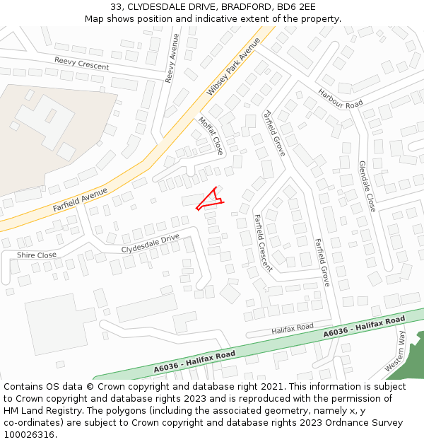33, CLYDESDALE DRIVE, BRADFORD, BD6 2EE: Location map and indicative extent of plot