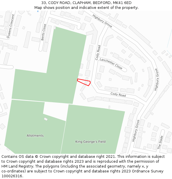 33, CODY ROAD, CLAPHAM, BEDFORD, MK41 6ED: Location map and indicative extent of plot