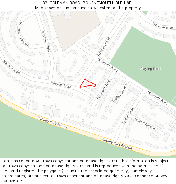 33, COLEMAN ROAD, BOURNEMOUTH, BH11 8EH: Location map and indicative extent of plot