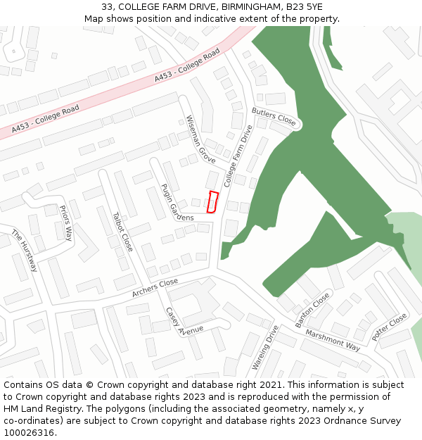 33, COLLEGE FARM DRIVE, BIRMINGHAM, B23 5YE: Location map and indicative extent of plot