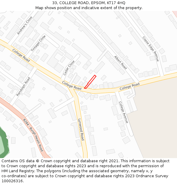 33, COLLEGE ROAD, EPSOM, KT17 4HQ: Location map and indicative extent of plot