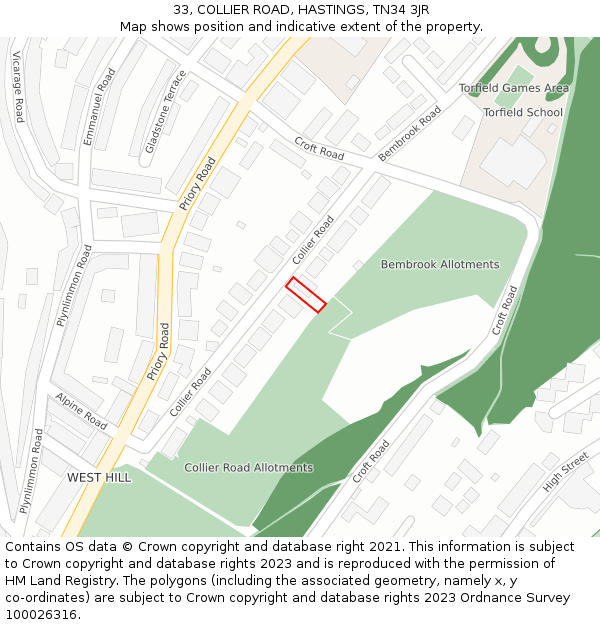 33, COLLIER ROAD, HASTINGS, TN34 3JR: Location map and indicative extent of plot