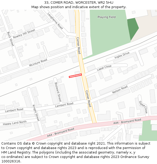 33, COMER ROAD, WORCESTER, WR2 5HU: Location map and indicative extent of plot