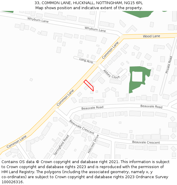 33, COMMON LANE, HUCKNALL, NOTTINGHAM, NG15 6PL: Location map and indicative extent of plot