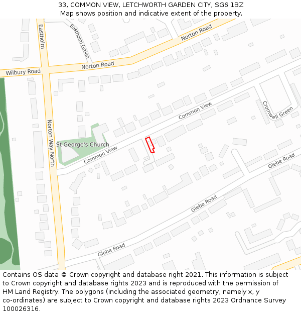 33, COMMON VIEW, LETCHWORTH GARDEN CITY, SG6 1BZ: Location map and indicative extent of plot