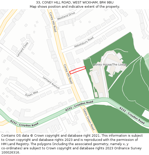 33, CONEY HILL ROAD, WEST WICKHAM, BR4 9BU: Location map and indicative extent of plot