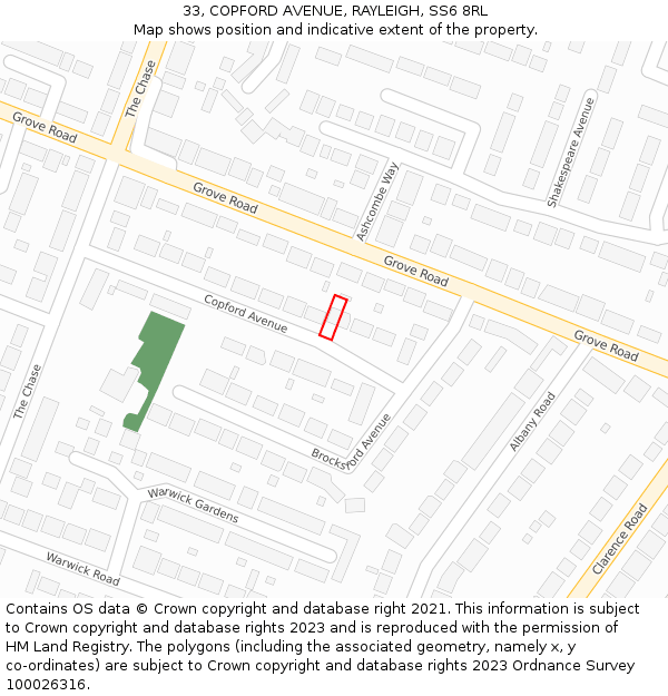 33, COPFORD AVENUE, RAYLEIGH, SS6 8RL: Location map and indicative extent of plot