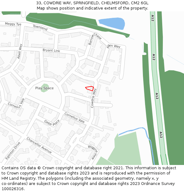 33, COWDRIE WAY, SPRINGFIELD, CHELMSFORD, CM2 6GL: Location map and indicative extent of plot