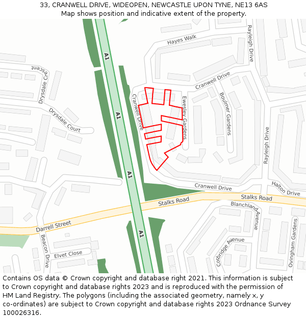 33, CRANWELL DRIVE, WIDEOPEN, NEWCASTLE UPON TYNE, NE13 6AS: Location map and indicative extent of plot