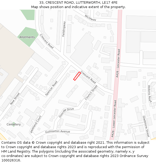 33, CRESCENT ROAD, LUTTERWORTH, LE17 4PE: Location map and indicative extent of plot