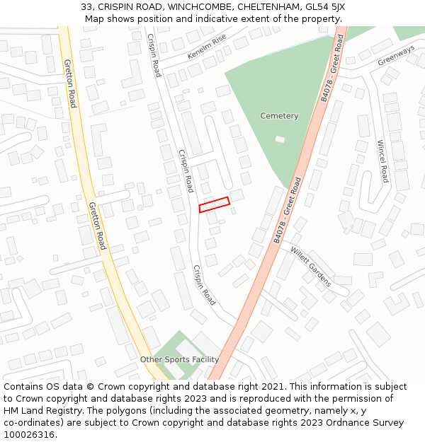 33, CRISPIN ROAD, WINCHCOMBE, CHELTENHAM, GL54 5JX: Location map and indicative extent of plot