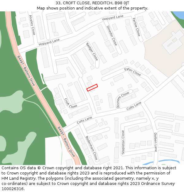 33, CROFT CLOSE, REDDITCH, B98 0JT: Location map and indicative extent of plot