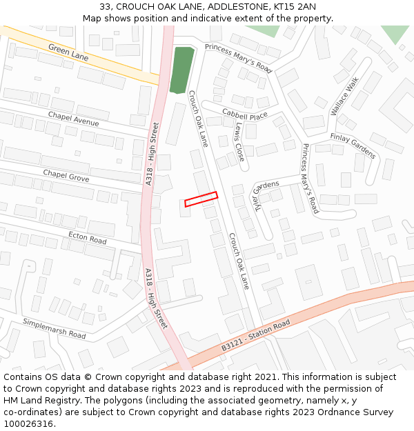 33, CROUCH OAK LANE, ADDLESTONE, KT15 2AN: Location map and indicative extent of plot